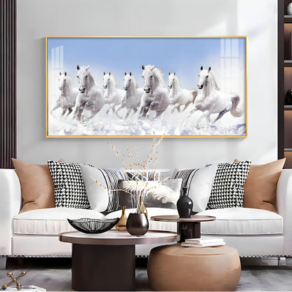 7 Running White Horses in The Sea Premium Acrylic Horizontal Wall Art - 30X16 inches / Gold