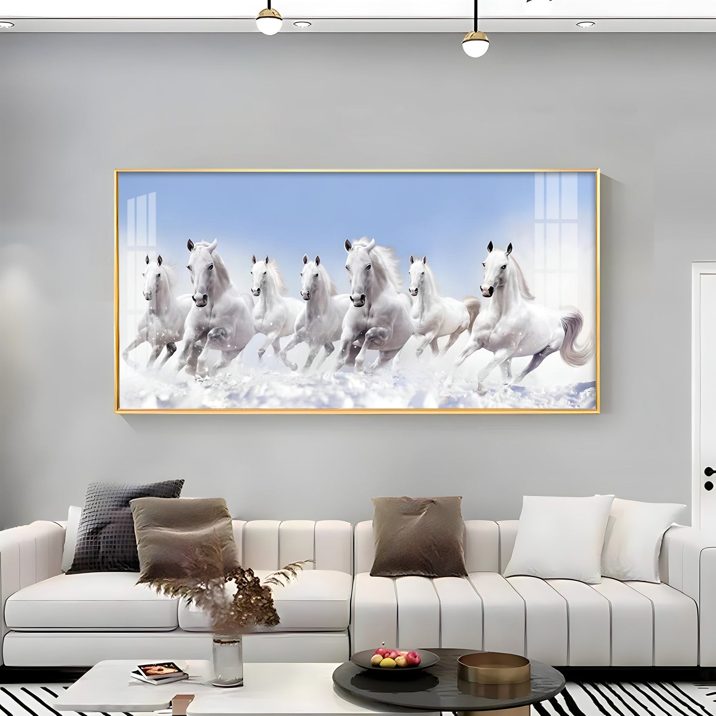 7 Running White Horses in The Sea Premium Acrylic Horizontal Wall Art - 30X16 inches / Gold