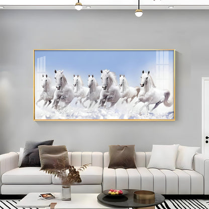 7 Running White Horses in The Sea Premium Acrylic Horizontal Wall Art - 30X16 inches / Gold