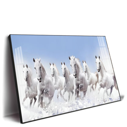 7 Running White Horses in The Sea Premium Acrylic Horizontal Wall Art - 30X16 inches / Gold