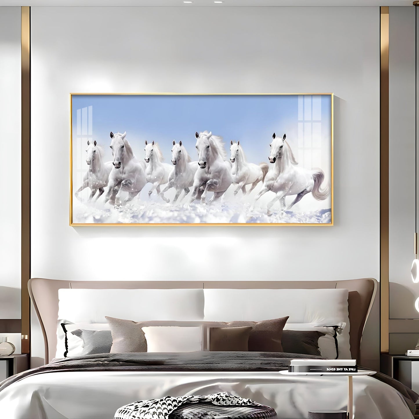 7 Running White Horses in The Sea Premium Acrylic Horizontal Wall Art - 30X16 inches / Gold