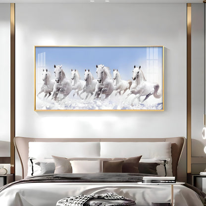 7 Running White Horses in The Sea Premium Acrylic Horizontal Wall Art - 30X16 inches / Gold