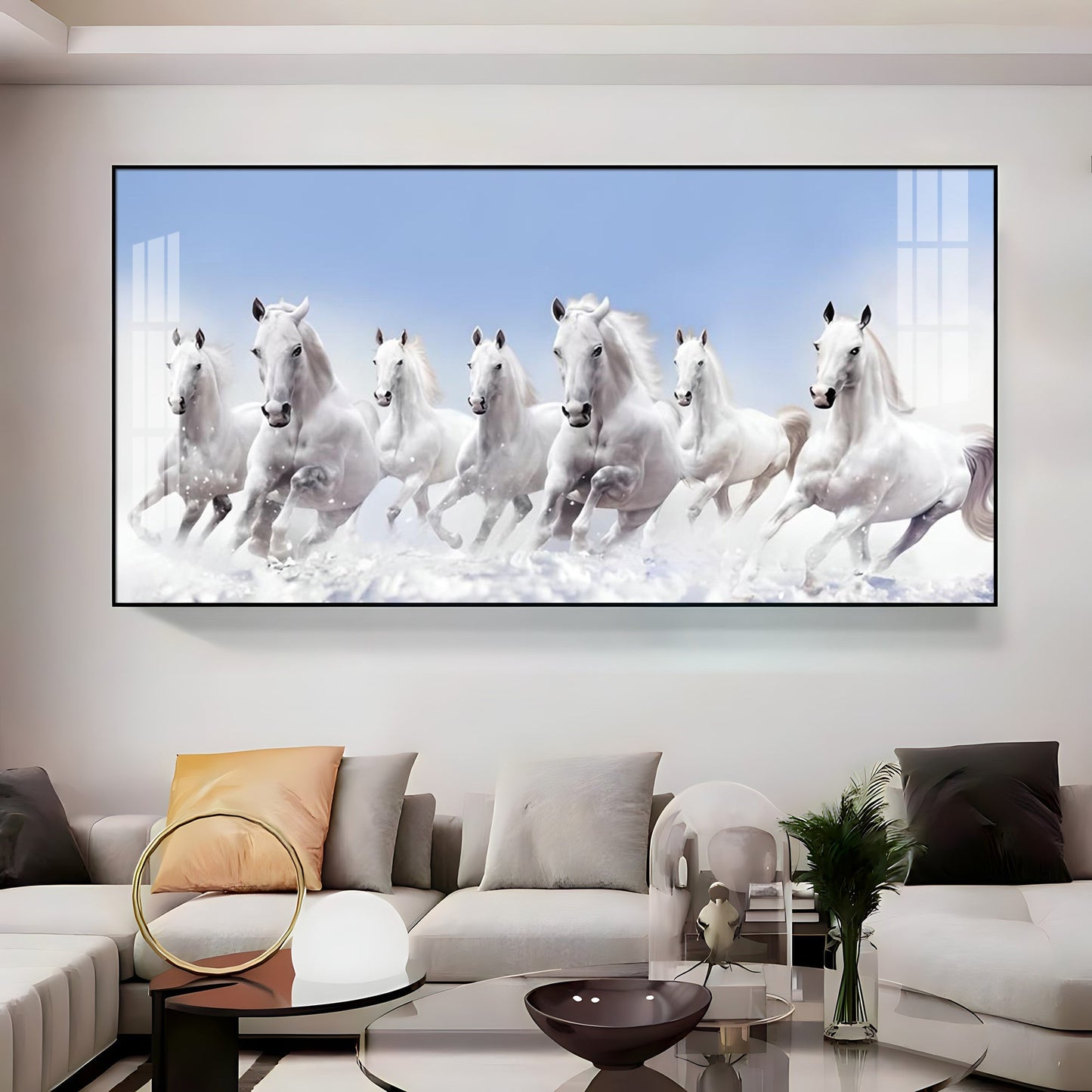 7 Running White Horses in The Sea Premium Acrylic Horizontal Wall Art - 30X16 inches / Gold