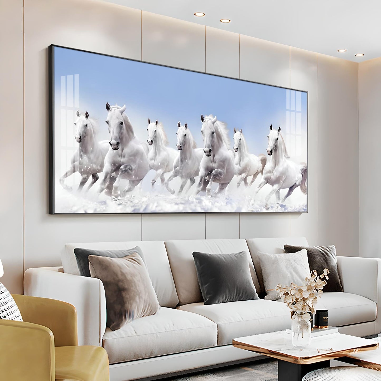 7 Running White Horses in The Sea Premium Acrylic Horizontal Wall Art - 30X16 inches / Gold