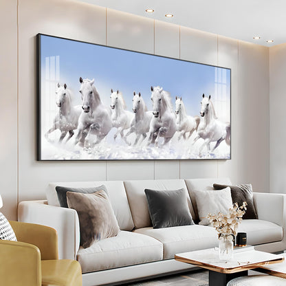 7 Running White Horses in The Sea Premium Acrylic Horizontal Wall Art - 30X16 inches / Gold