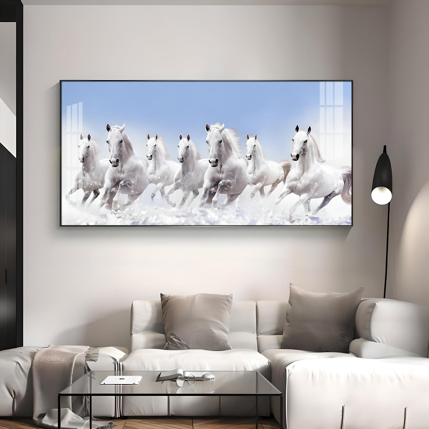 7 Running White Horses in The Sea Premium Acrylic Horizontal Wall Art - 30X16 inches / Gold