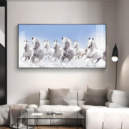 7 Running White Horses in The Sea Premium Acrylic Horizontal Wall Art - 30X16 inches / Gold
