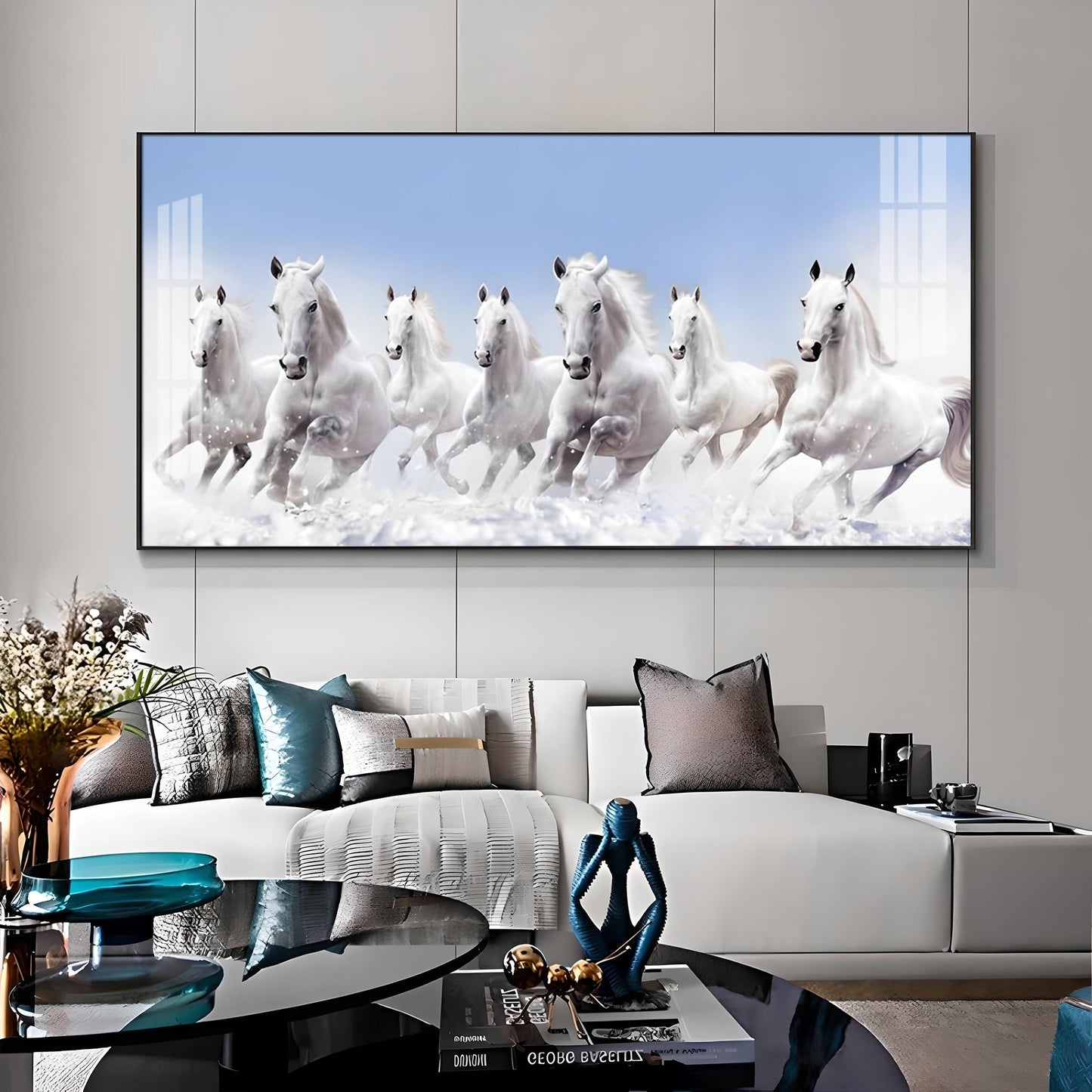 7 Running White Horses in The Sea Premium Acrylic Horizontal Wall Art - 30X16 inches / Gold