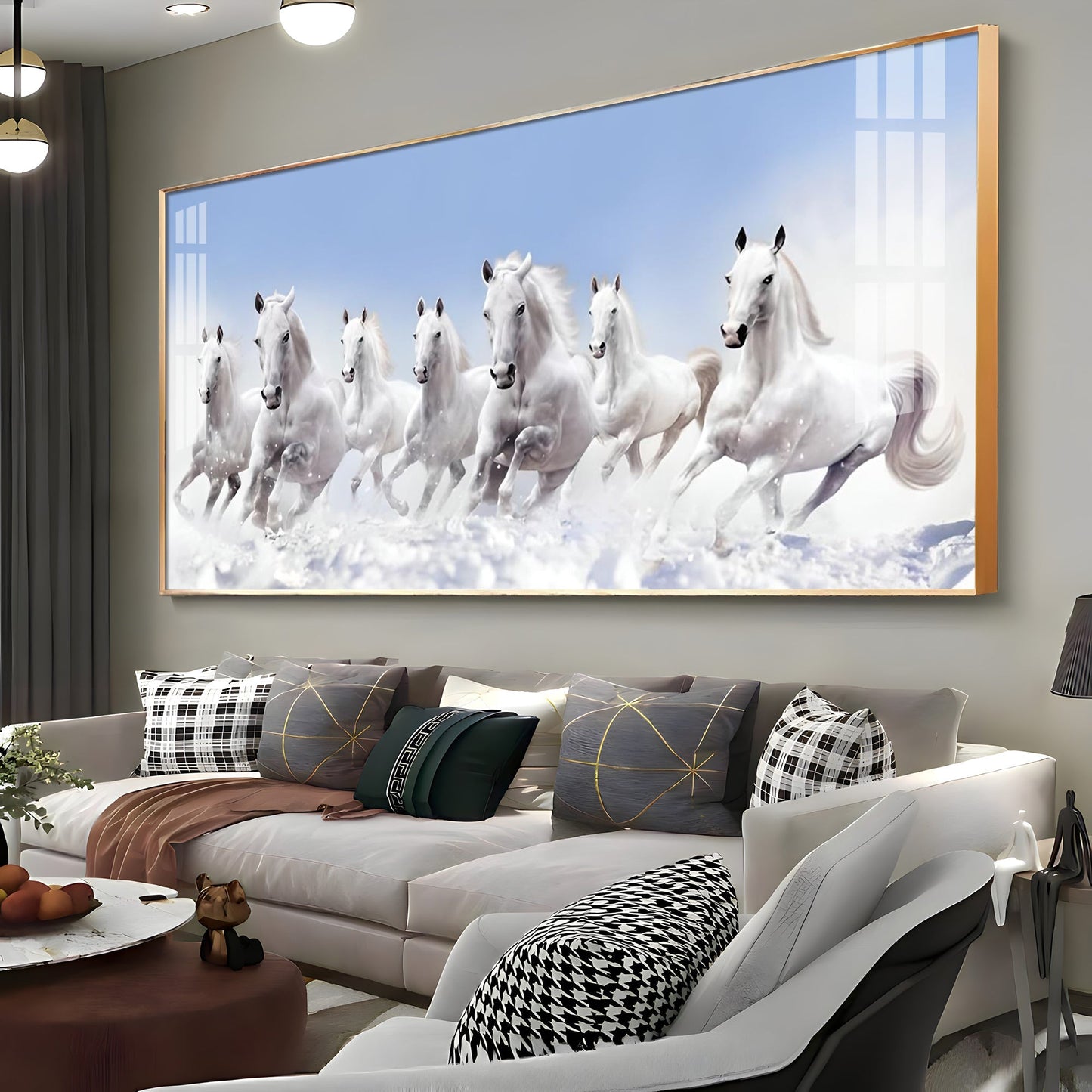 7 Running White Horses in The Sea Premium Acrylic Horizontal Wall Art - 30X16 inches / Gold