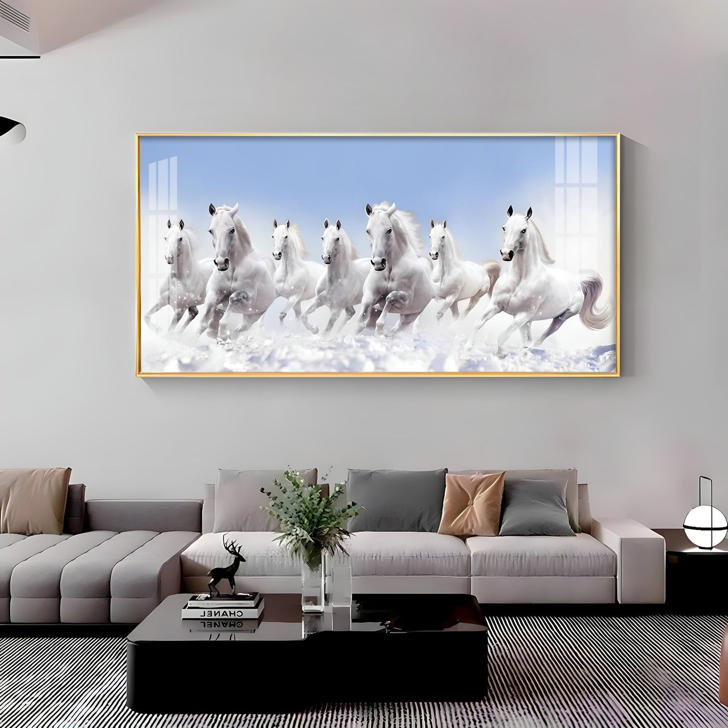 7 Running White Horses in The Sea Premium Acrylic Horizontal Wall Art - 30X16 inches / Gold