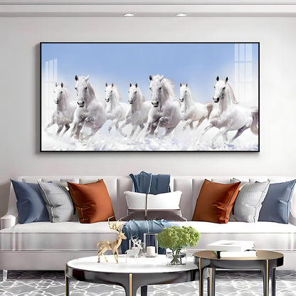 7 Running White Horses in The Sea Premium Acrylic Horizontal Wall Art - 30X16 inches / Gold