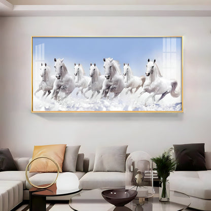 7 Running White Horses in The Sea Premium Acrylic Horizontal Wall Art - 30X16 inches / Gold