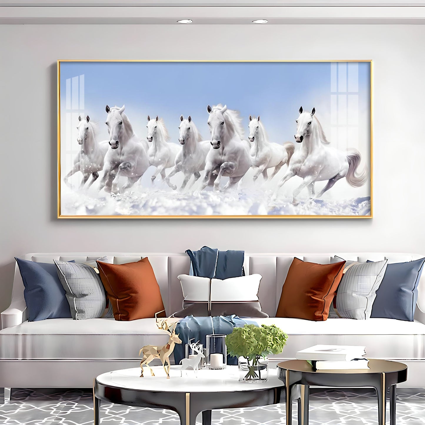 7 Running White Horses in The Sea Premium Acrylic Horizontal Wall Art - 30X16 inches / Gold
