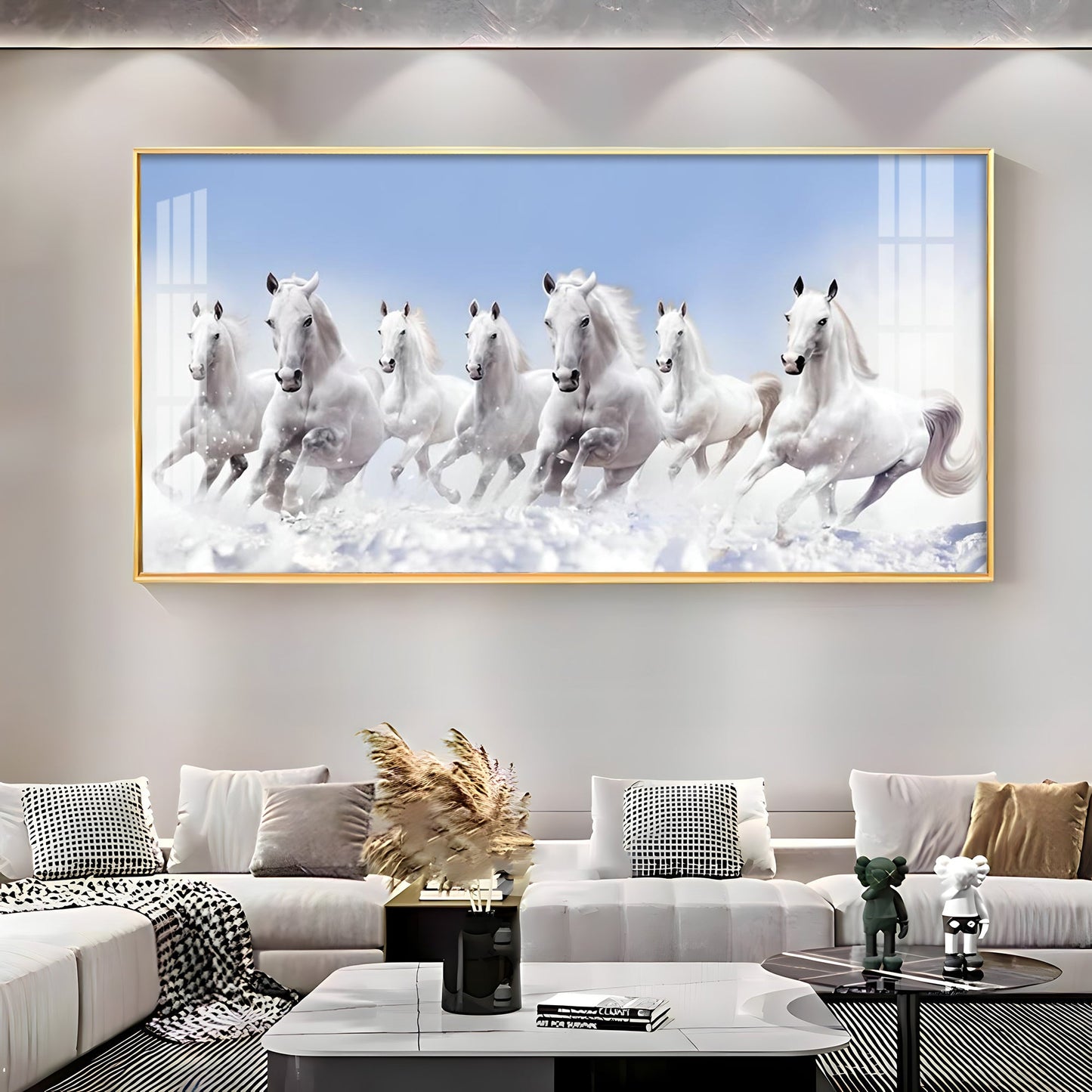 7 Running White Horses in The Sea Premium Acrylic Horizontal Wall Art - 30X16 inches / Gold
