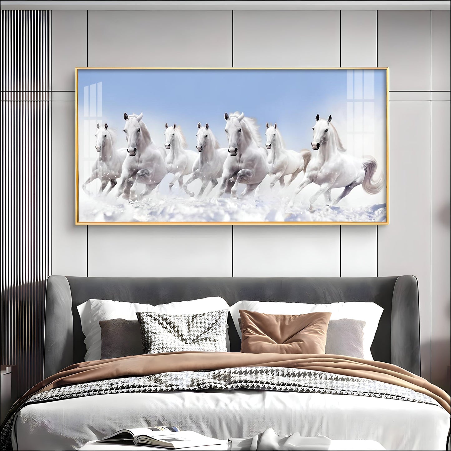 7 Running White Horses in The Sea Premium Acrylic Horizontal Wall Art - 30X16 inches / Gold