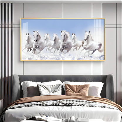 7 Running White Horses in The Sea Premium Acrylic Horizontal Wall Art - 30X16 inches / Gold