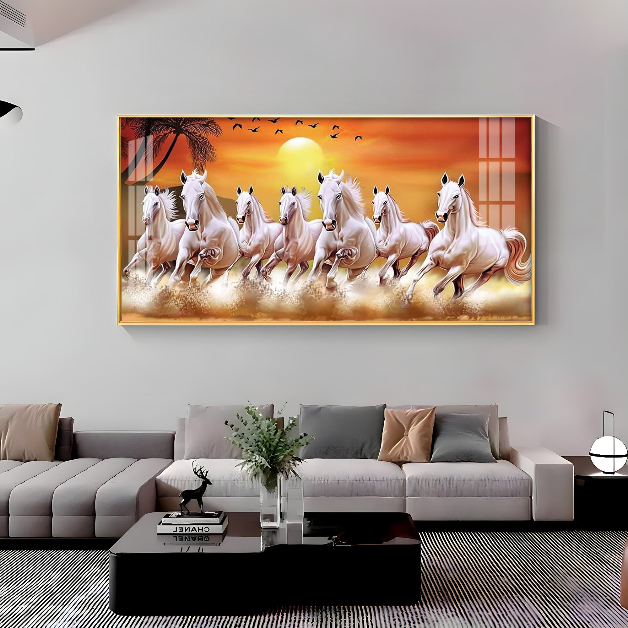 7 White Running Horses in The Sea With Sunrise Premium Acrylic Horizontal Wall Art - The Next Decor
