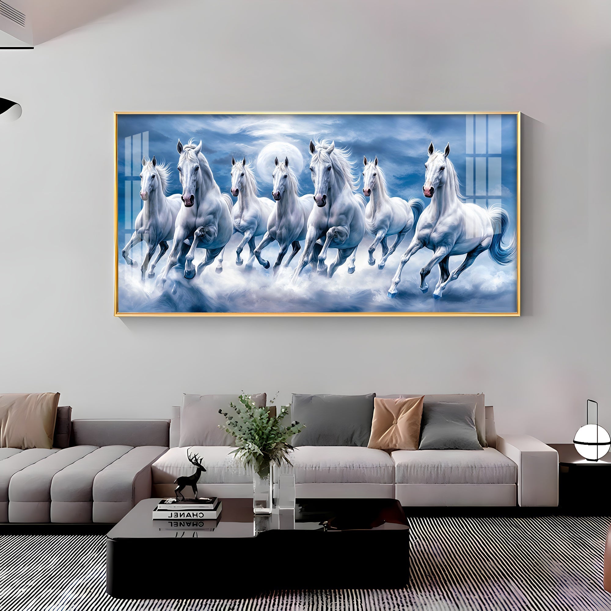 7 White Running Horses With Sunrise Premium Acrylic Horizontal Wall Art - The Next Decor