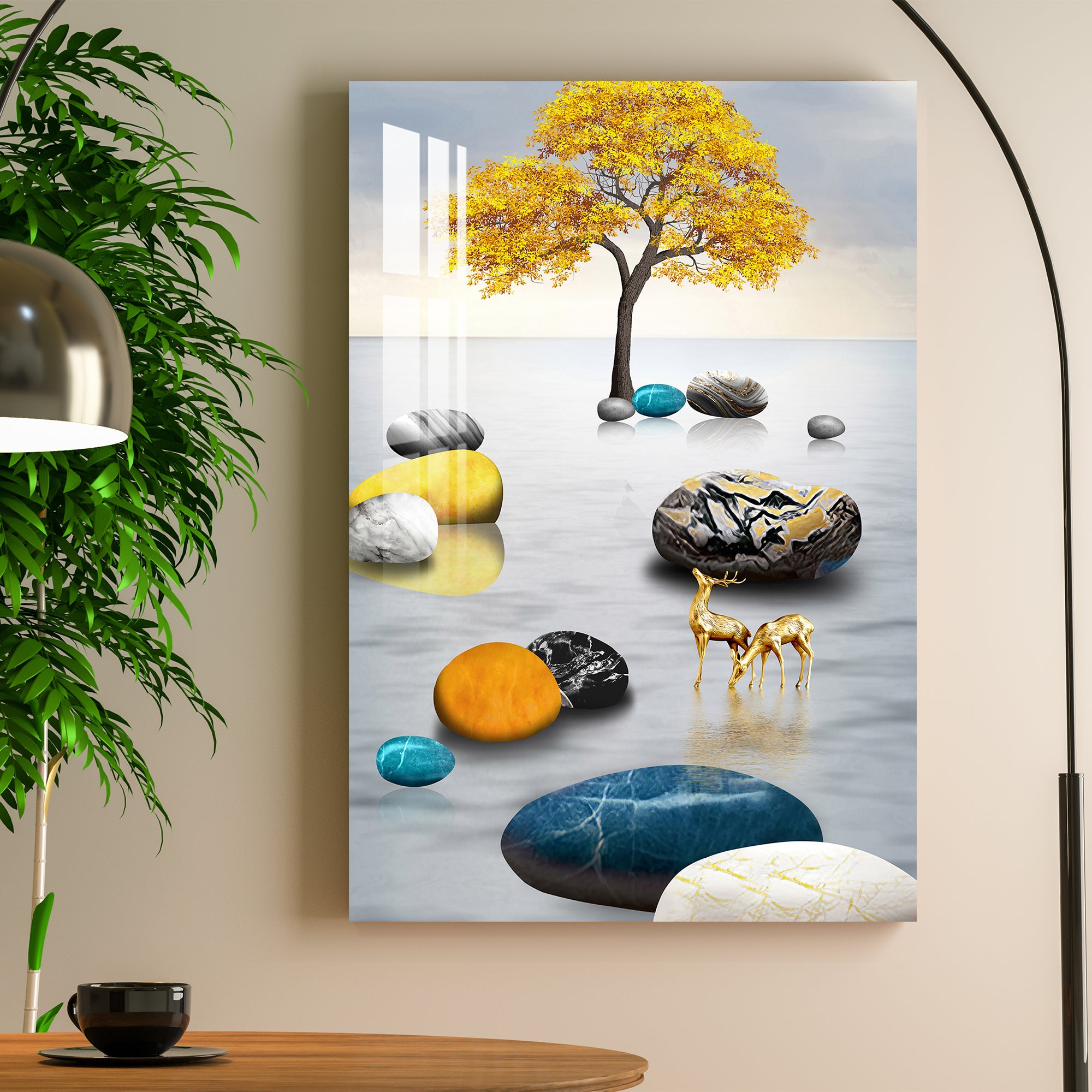 Lucky Stones with Golden Trees Acrylic Wall Art