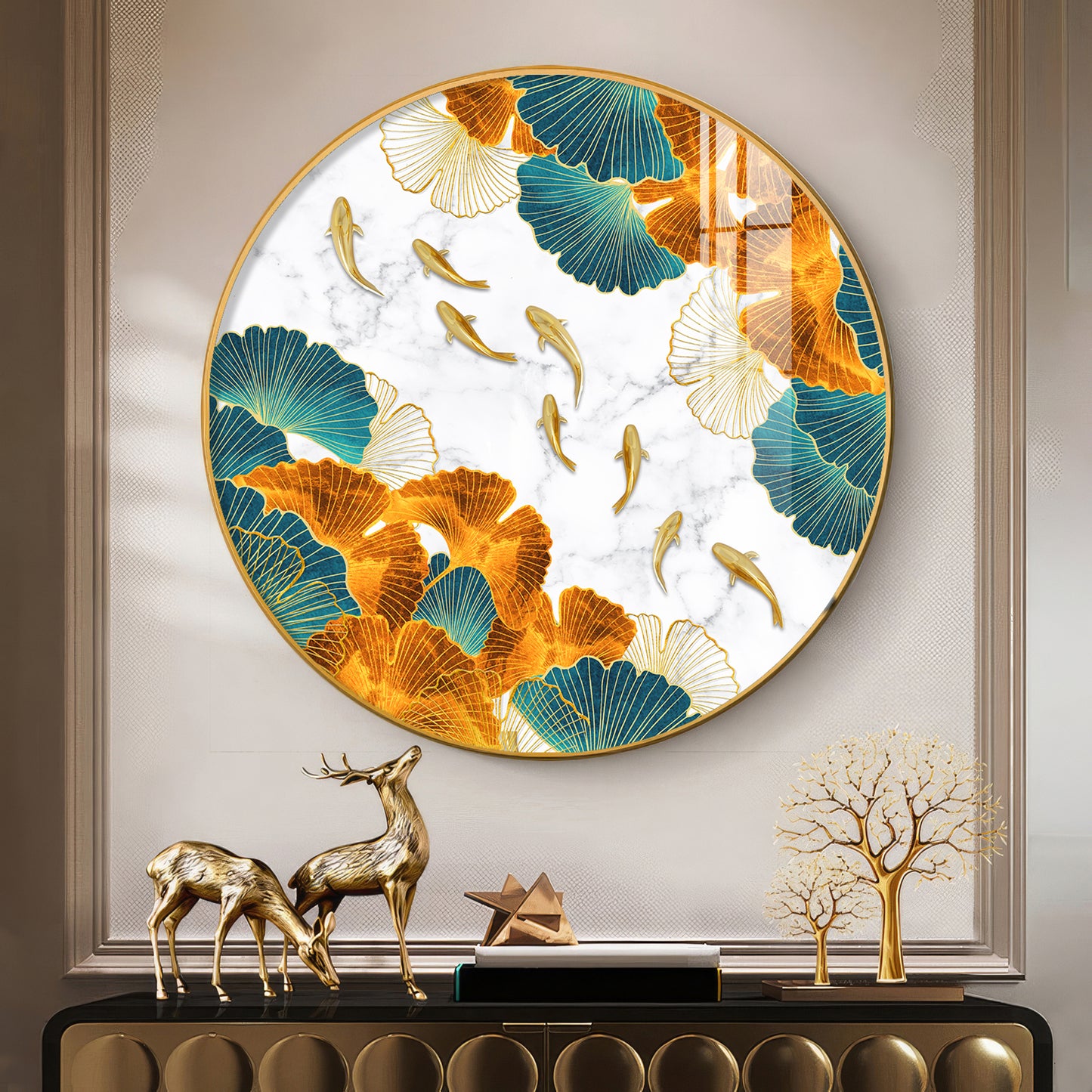 Golden Leaf Premium Acrylic Round Wall Art