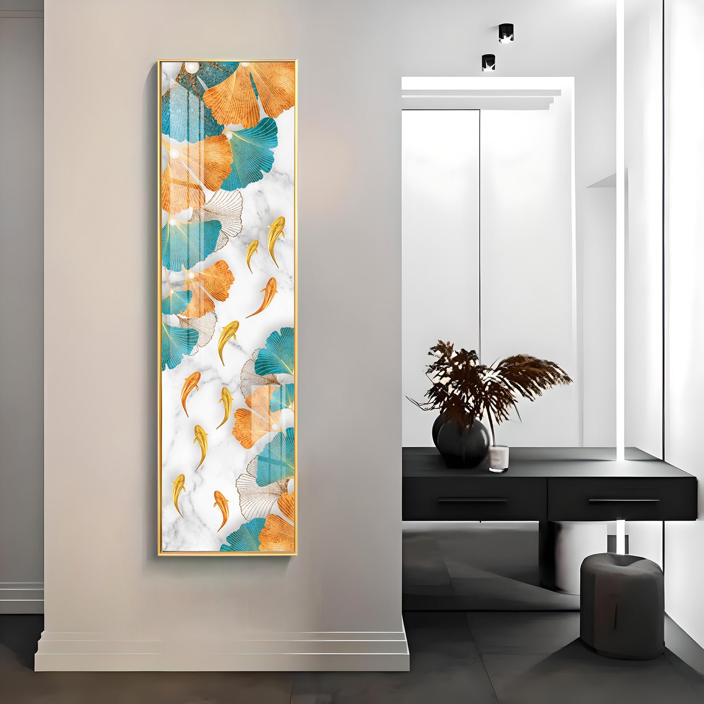 Blue & Gold Ginkgo Leaves Premium Acrylic Vertical Wall Art