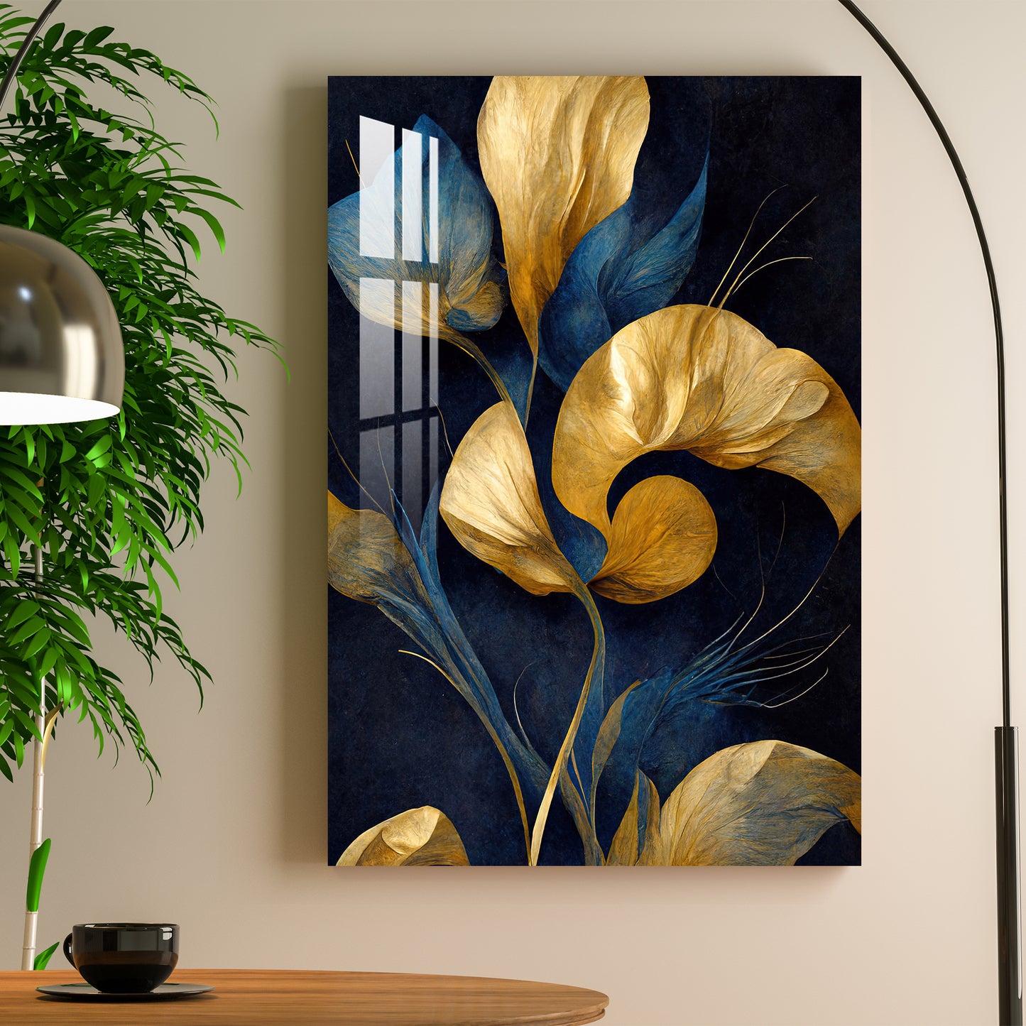 Golden Brushed Leaves Acrylic Wall Art