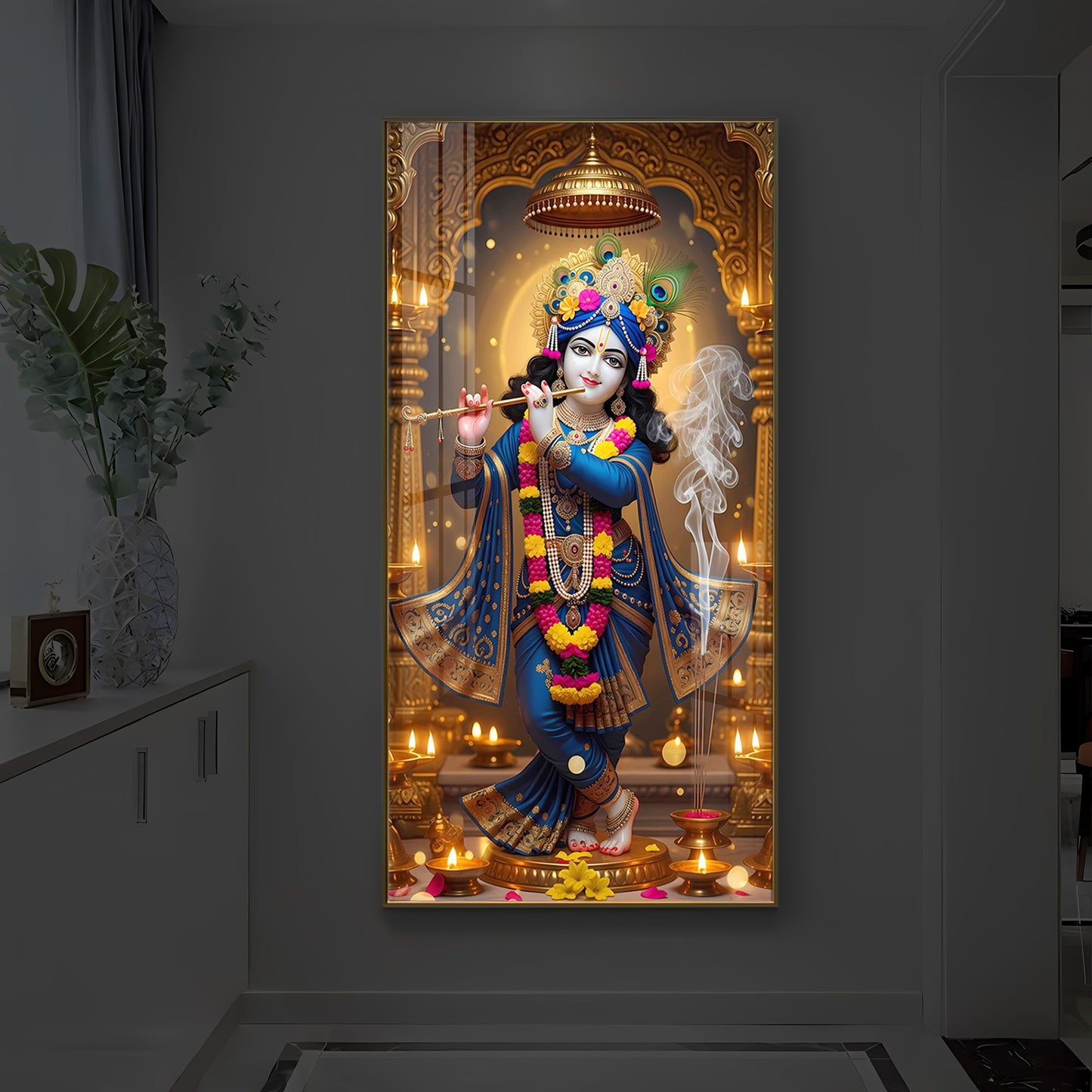 Lord Krishna Ji Modern Luxury Backlight Vertical Wall Art