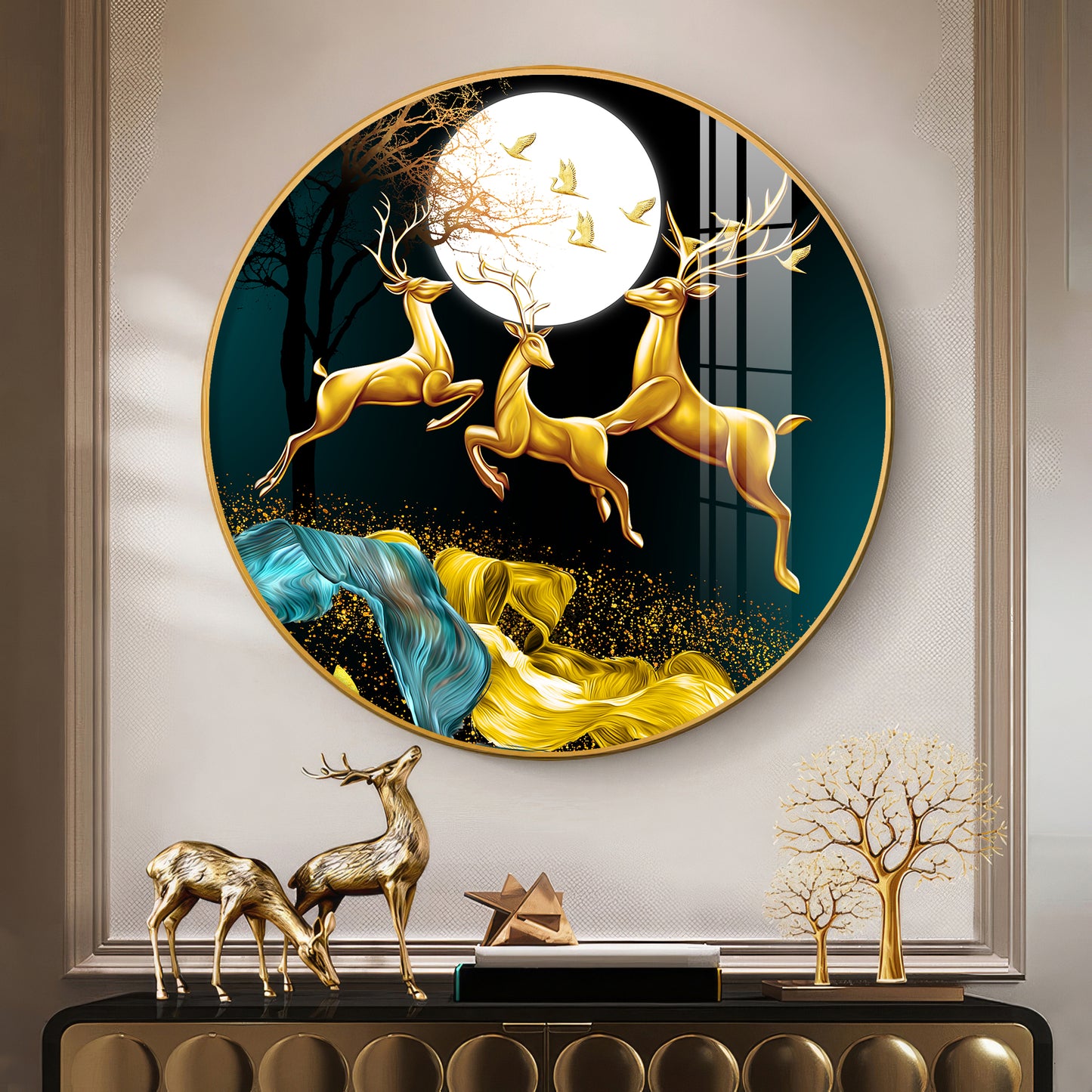 The Deer’s Ascent Premium Acrylic Round Wall Art