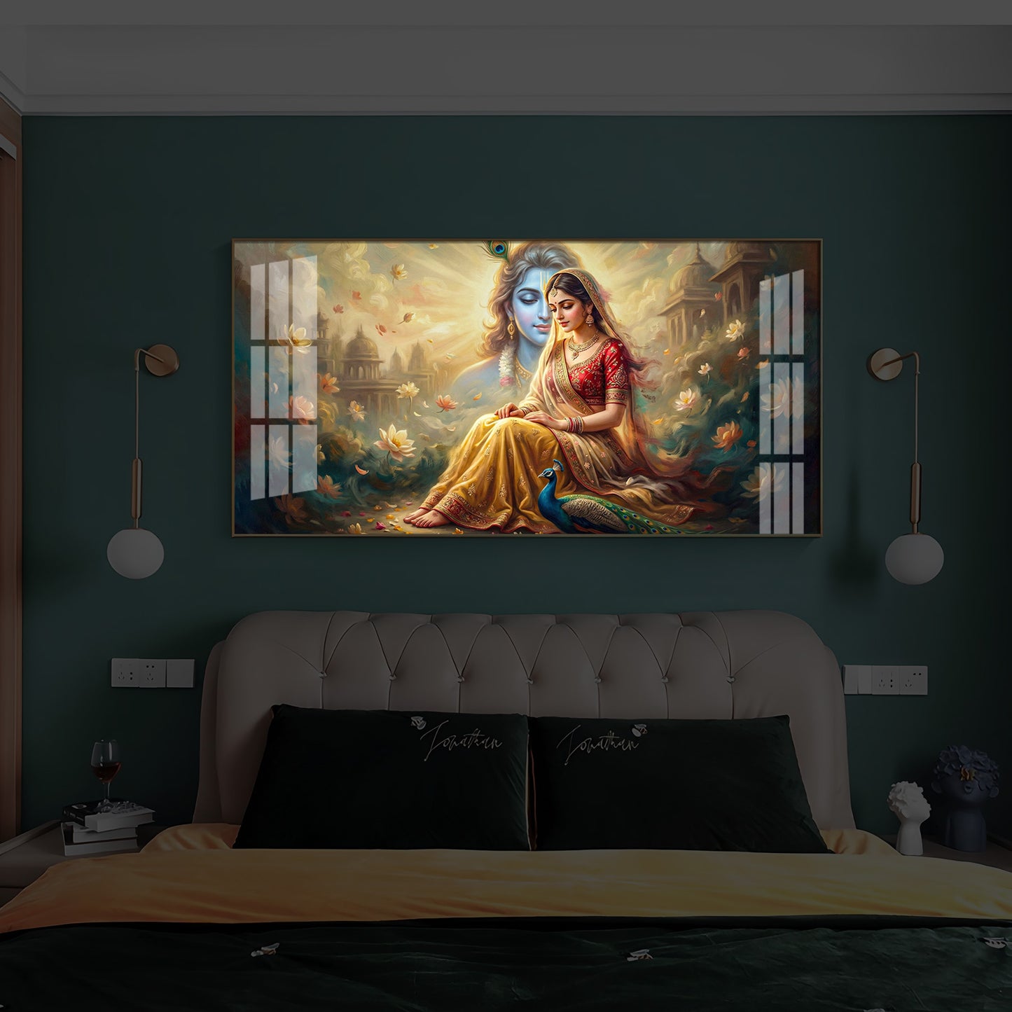 Loving Couple Radha Krishna Modern Luxury Backlight Horizontal Wall Art