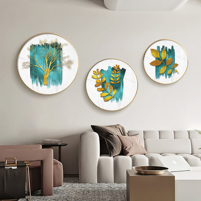 Golden Tree and Leaves Premium Acrylic Round Wall Art (Set of 3)