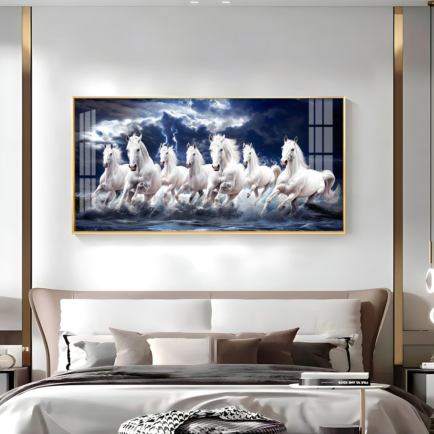 Seven White Horses Gallop In the Sea Premium Acrylic Horizontal Wall Art