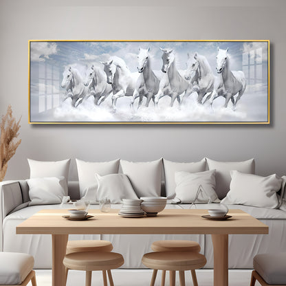 Seven Lucky Running White Horses Premium Acrylic Horizontal Wall Art