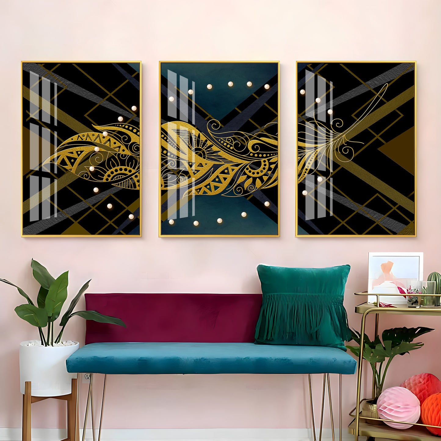 Golden Plume Traid Premium Acrylic Wall Art (Set of 3)