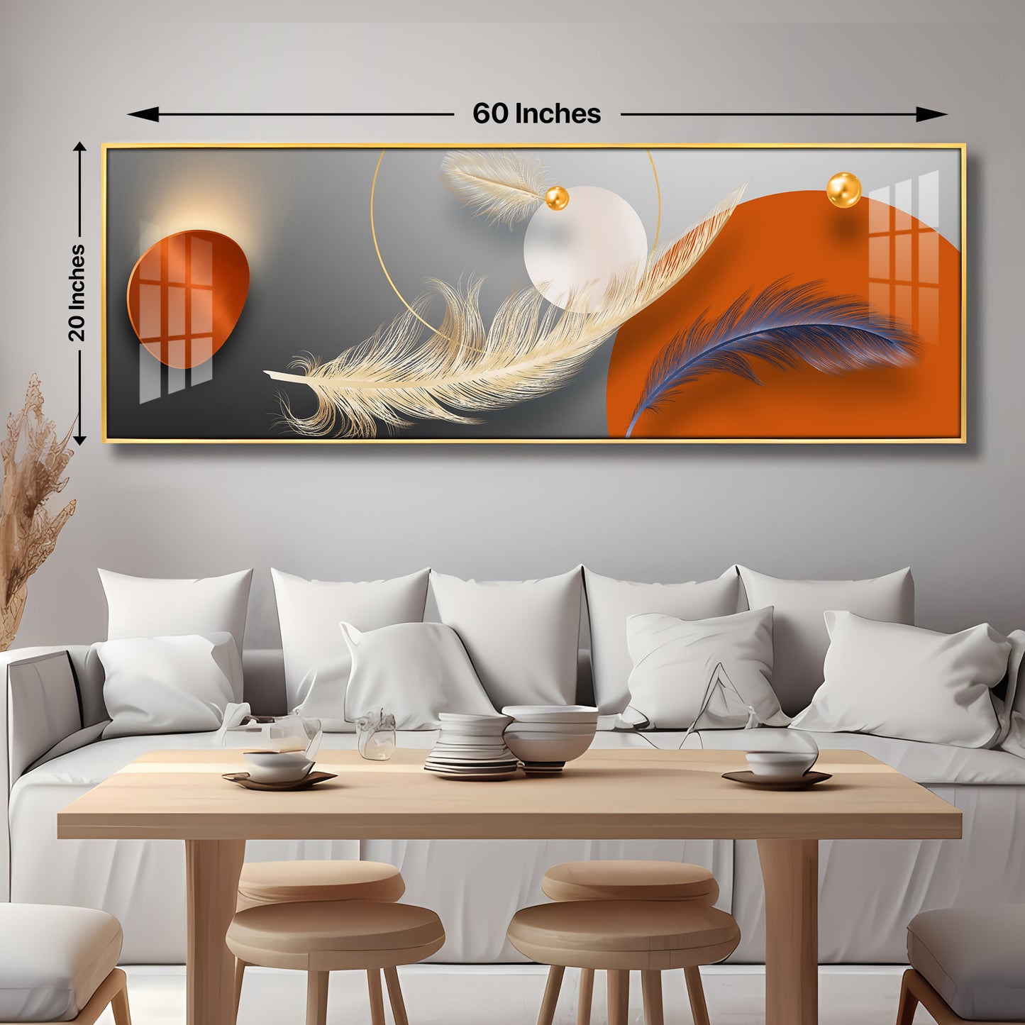 Feathers With Orange Circle Premium Acrylic Horizontal Wall Art