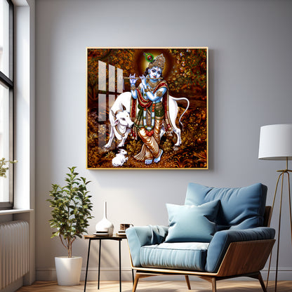 Beautiful Lord Krishna With Cow Premium Acrylic Square Wall Art