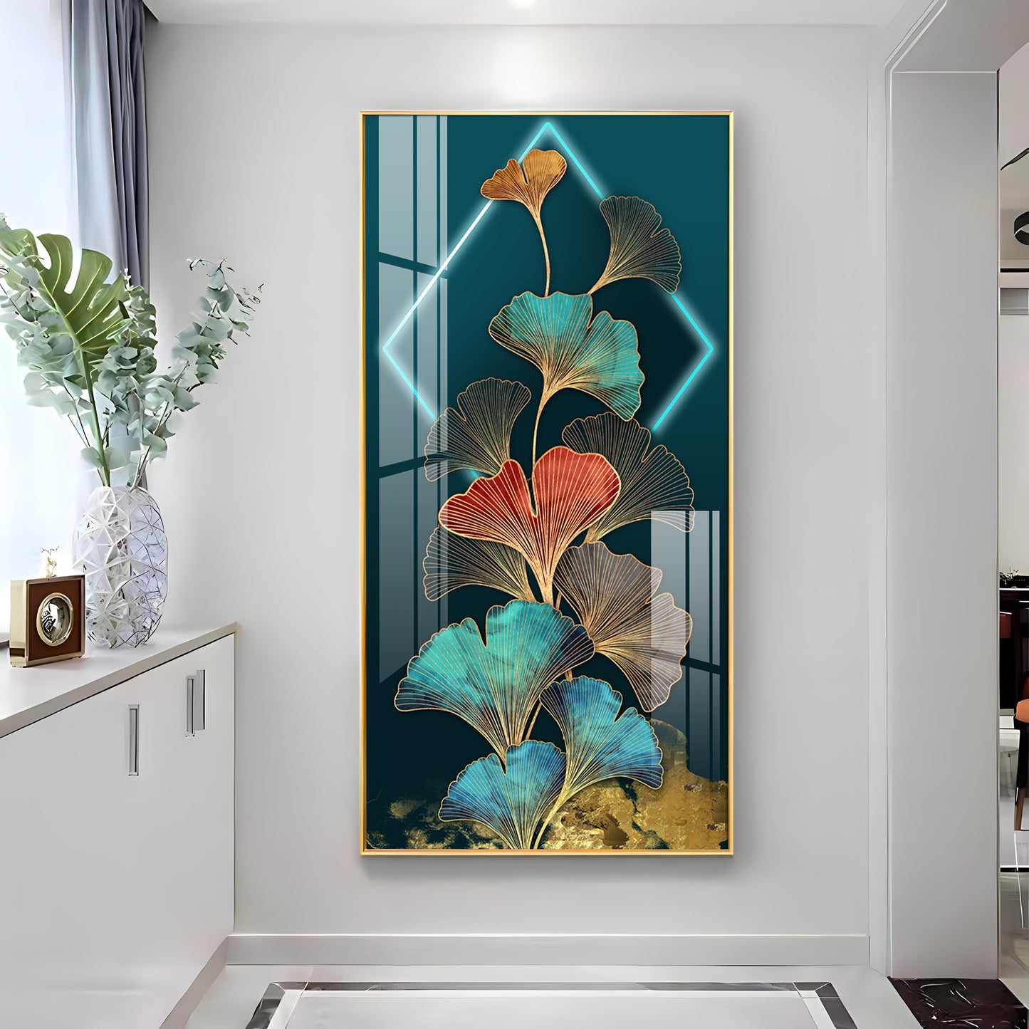 Ginkgo Leaf Entrance Hall Gold Foil Premium Acrylic Vertical Wall Art