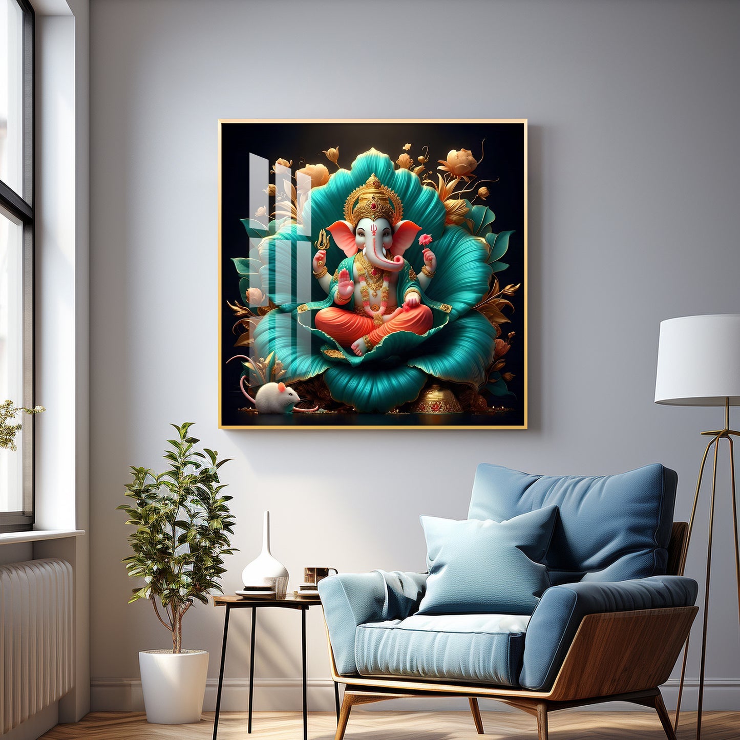 Lord Ganesh Lotus Serenity Premium Acrylic Square Wall Art