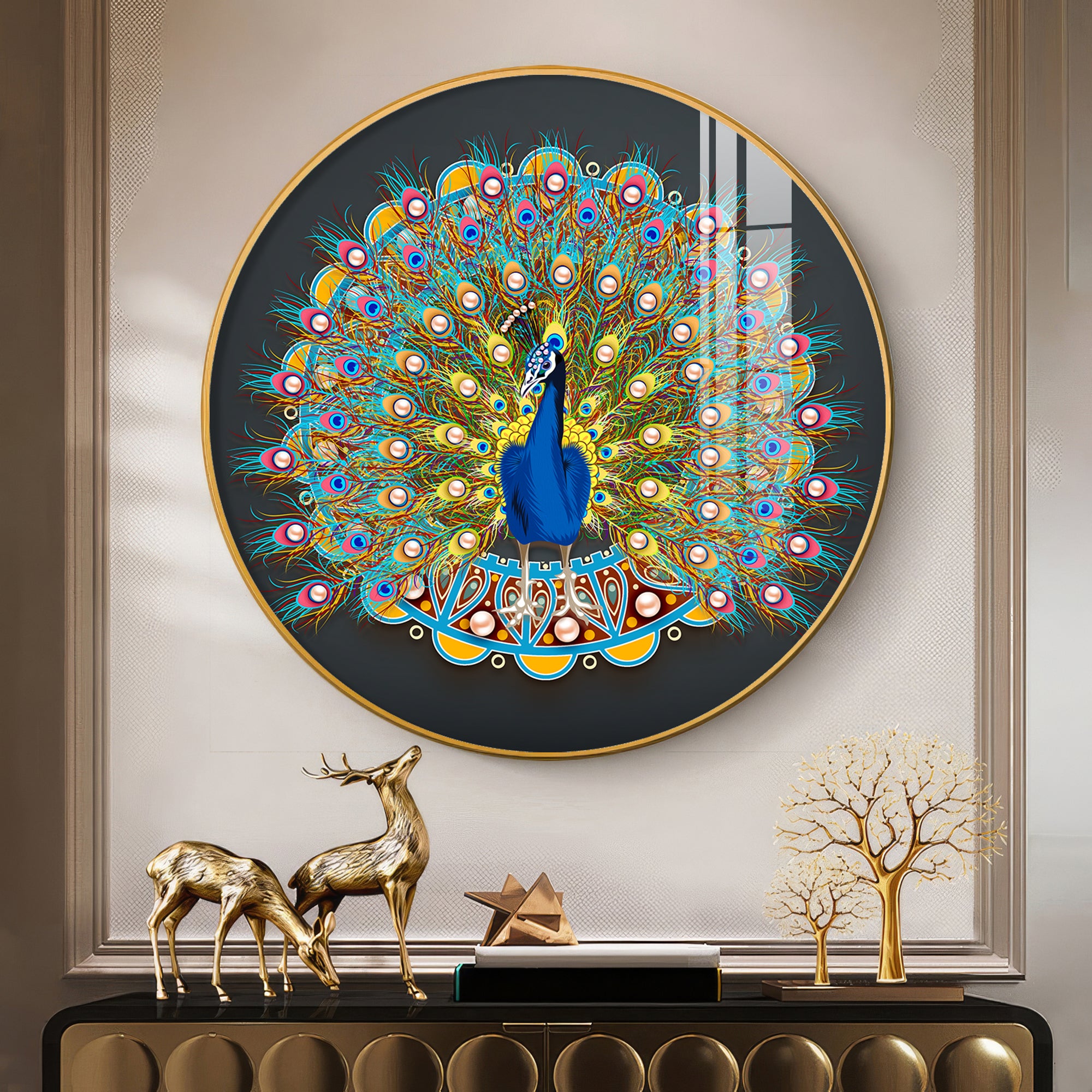 Vibrant Peacock Premium Acrylic Round Wall Art