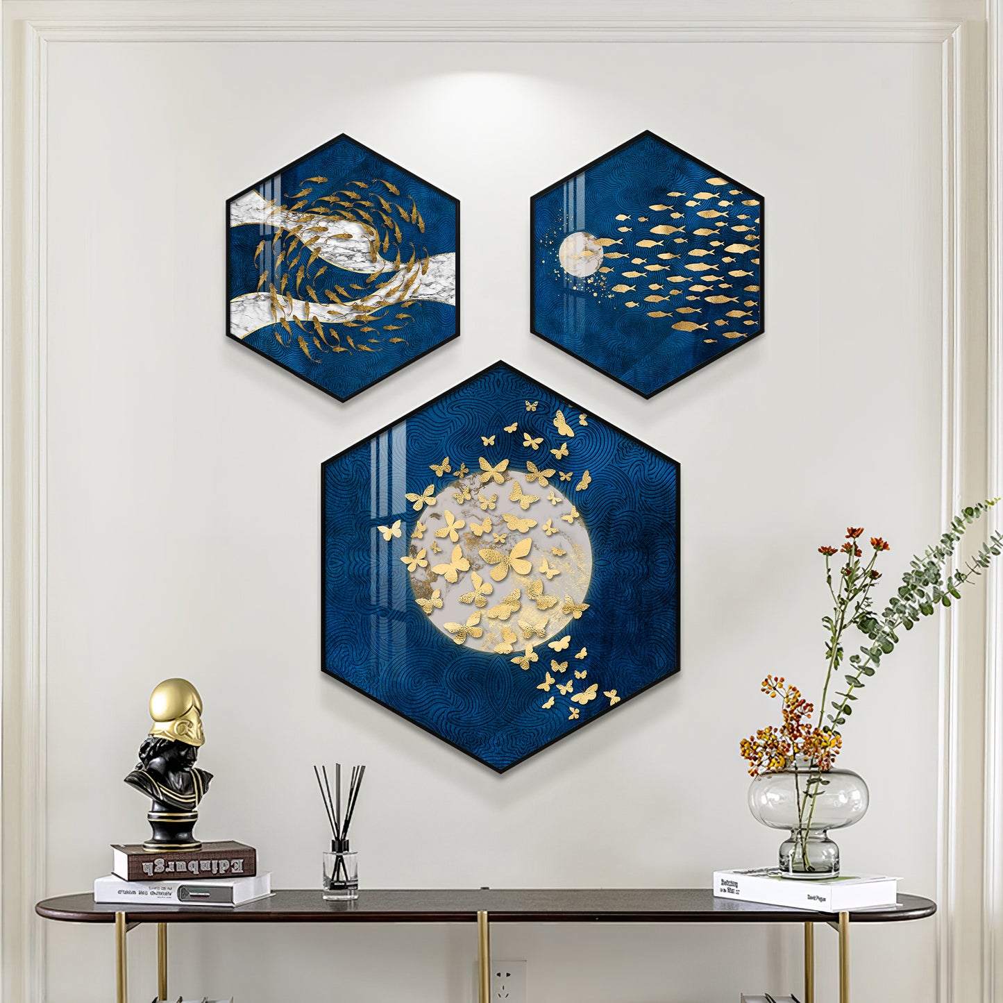 Golden Fish And Butterfly Premium Acrylic Hexagon Wall Art (Set of 3)