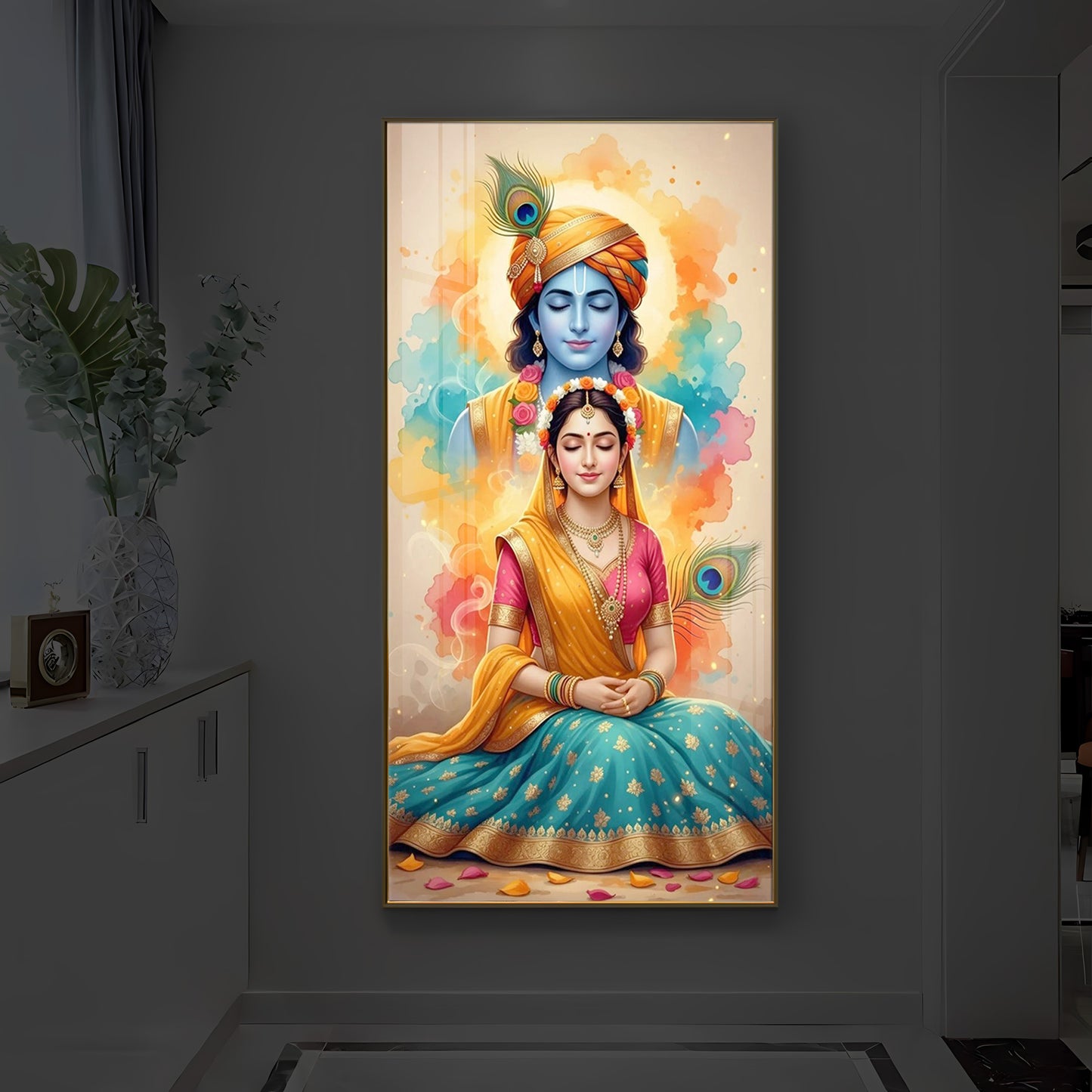 Radhe Krishna Modern Luxury Backlight Vertical Wall Art
