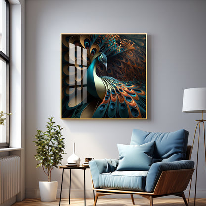 Peacock Is Shown With Large Feather Premium Acrylic Square Wall Art