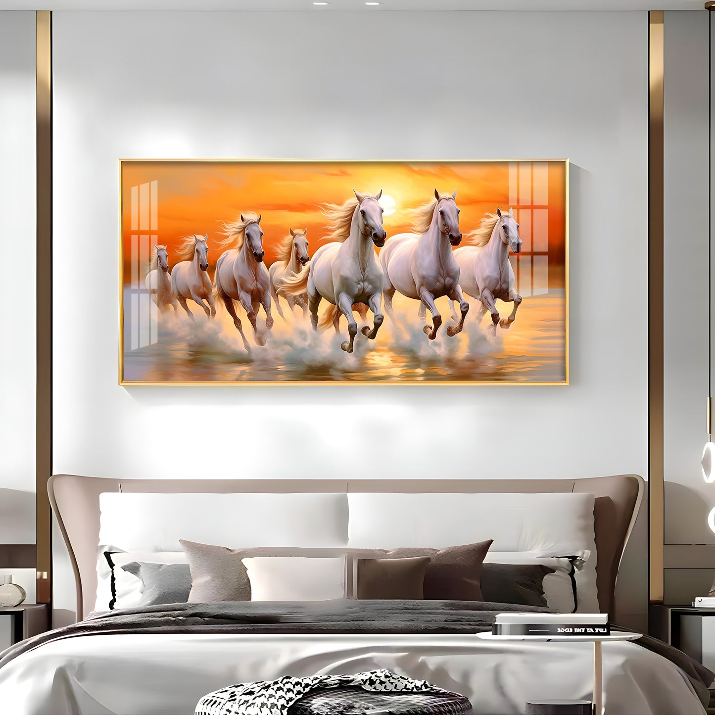 Seven White Running Horses With Sunrise Premium Acrylic Horizontal Wall Art