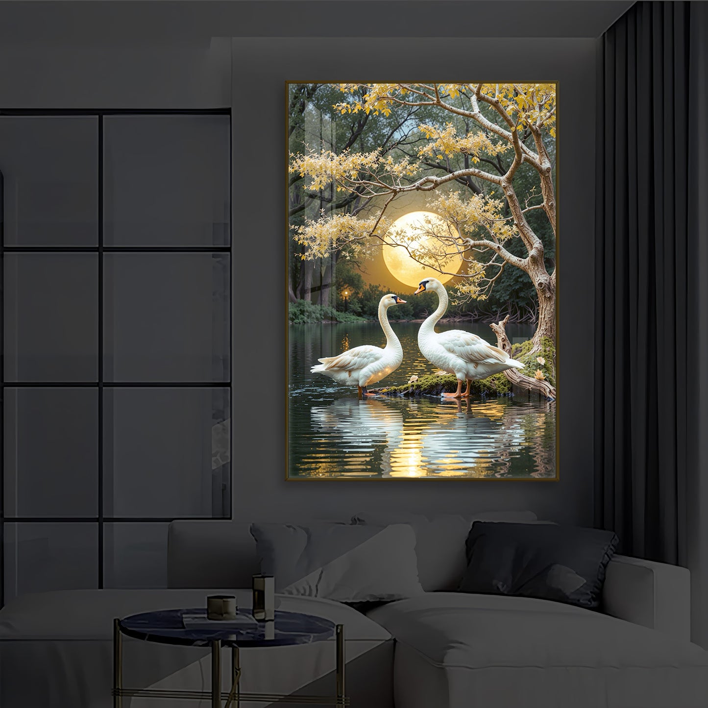 Couple Swan Modern Luxury Backlight Vertical Wall Art