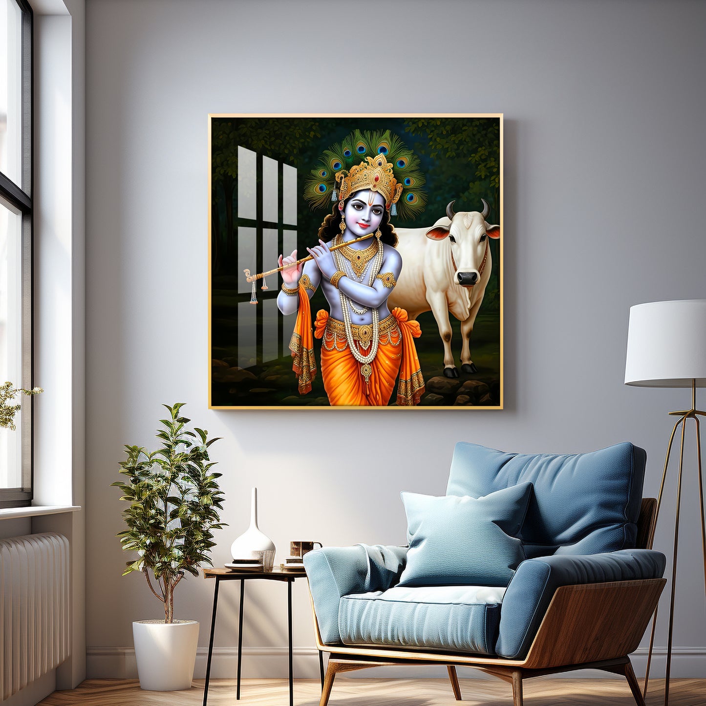 Krishna With The Cow Premium Acrylic Square Wall Art