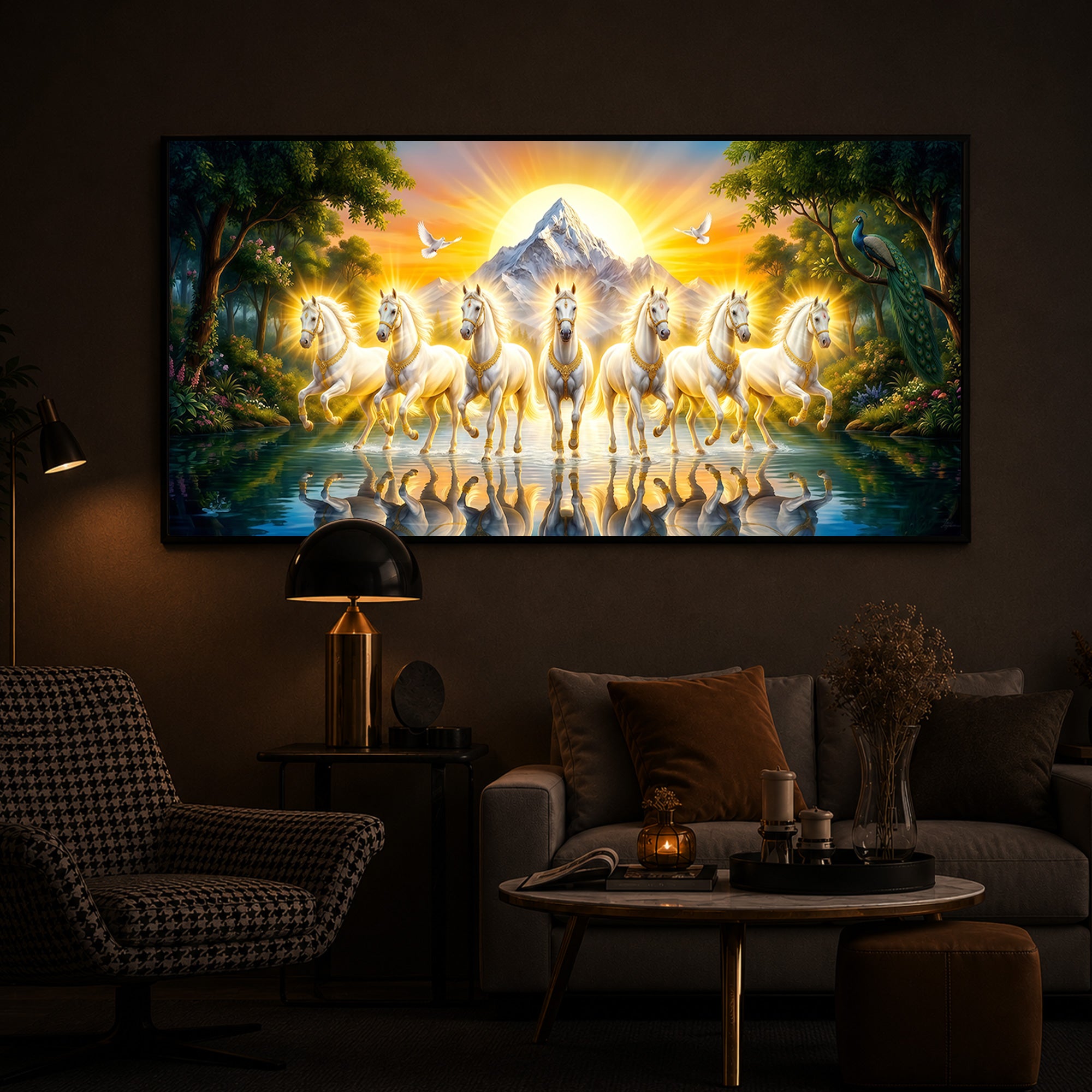7 White Horses River Glloping Modern Luxury Backlight Horizontal Wall Art