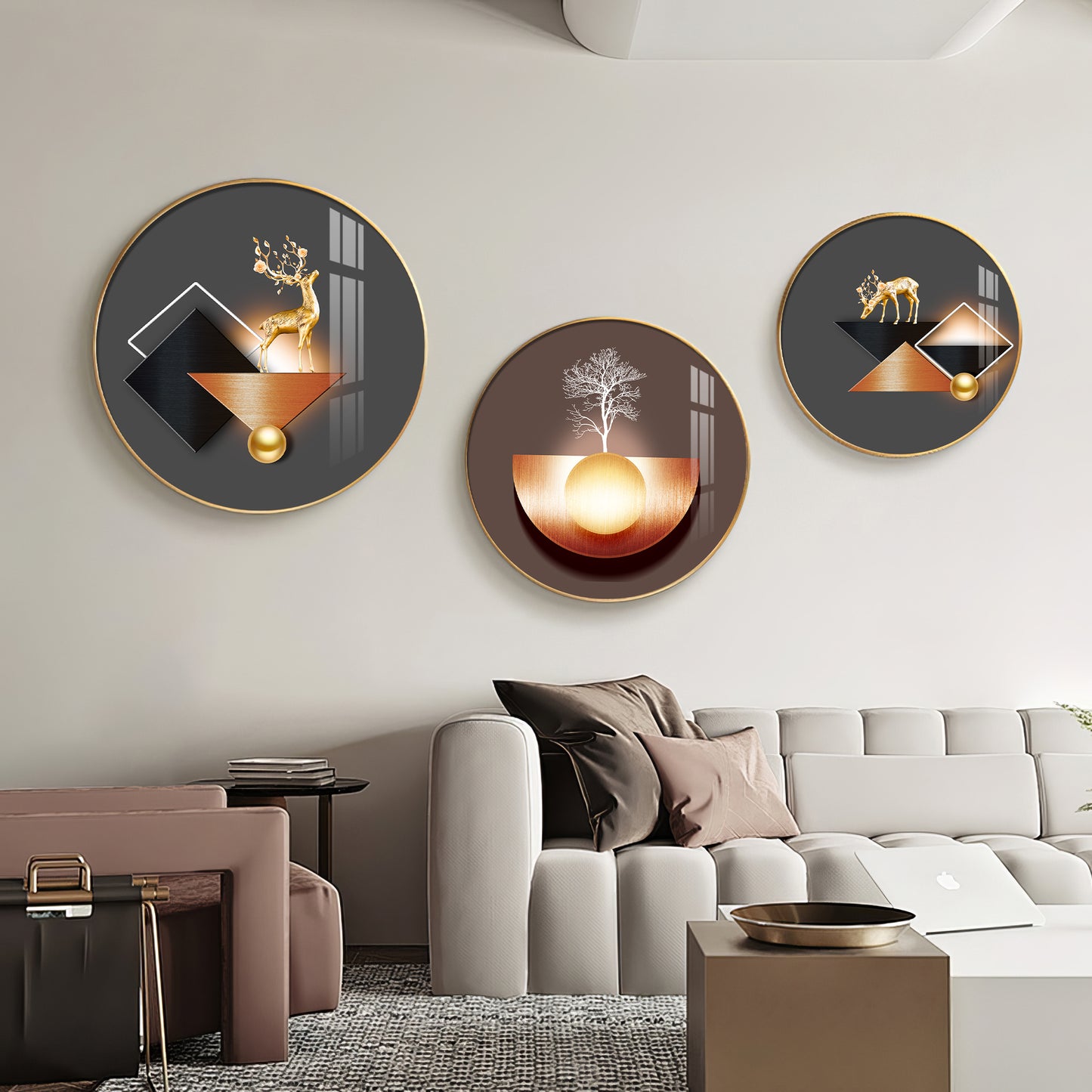 Reindeer Abstract Premium Acrylic Round Wall Art (Set of 3)
