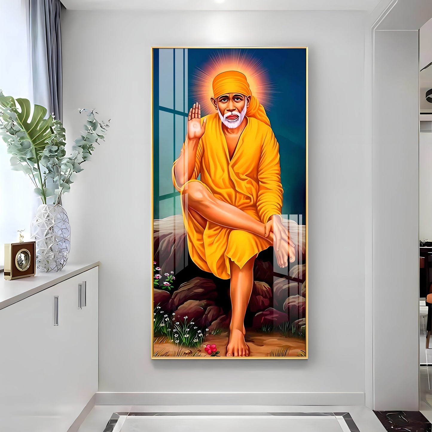 Shirdi Sai Baba Premium Acrylic Vertical Wall Art - 24X12 inches / Gold