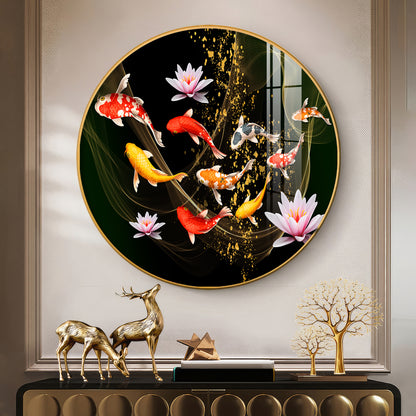 Colorful Koi In Motion Premium Acrylic Round Wall Art