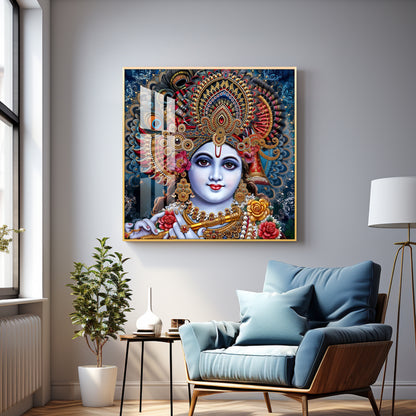 Shri Krishna With Bansuri Premium Acrylic Square Wall Art