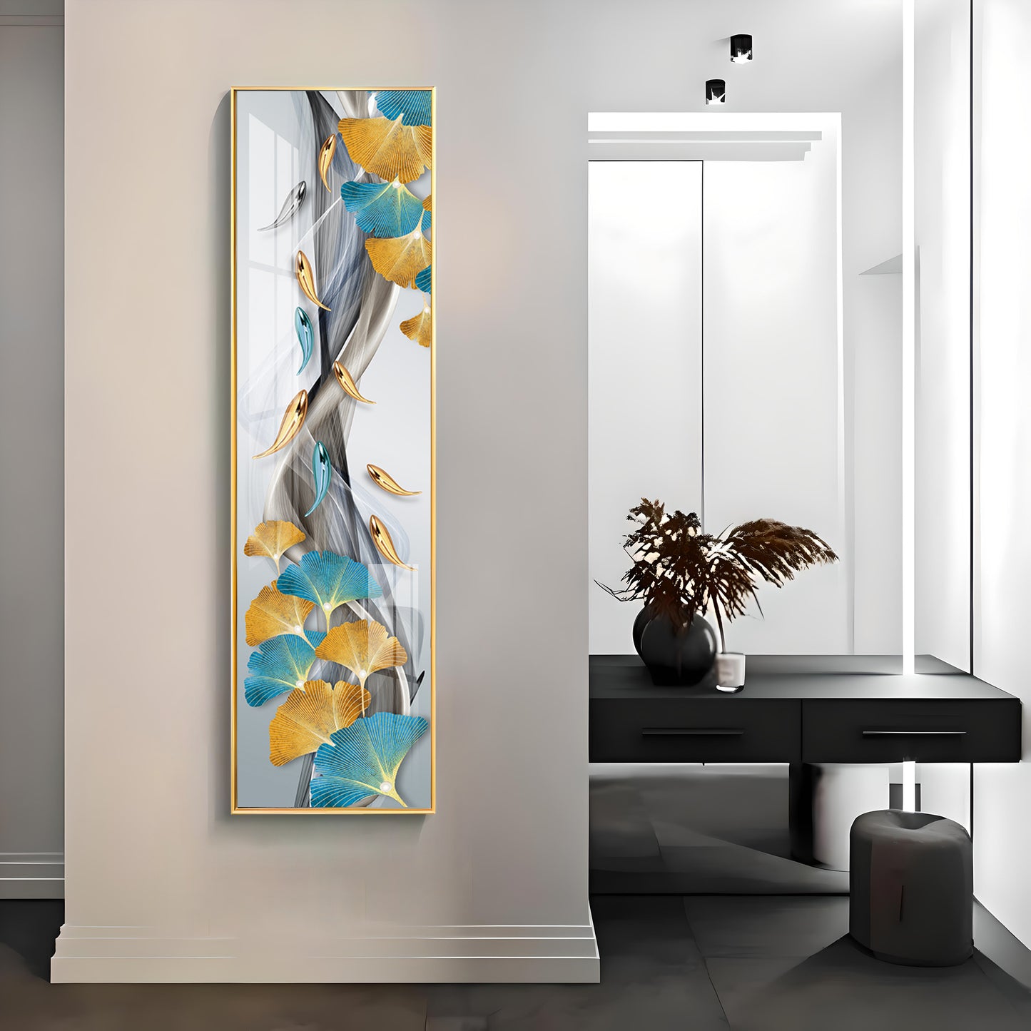 Blue & Golden Leaves With Fishes Premium Acrylic Vertical Wall Art